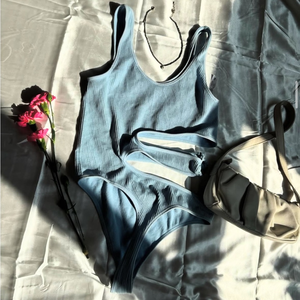 Blue Ribbed Asymmetrical Bodysuit
